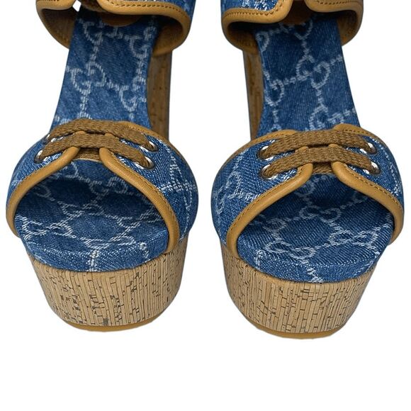 Gucci Double GG Logo Canvas Platform Sandal EU 38 US 8 Blue Slingback High Heel - Picture 3 of 12
